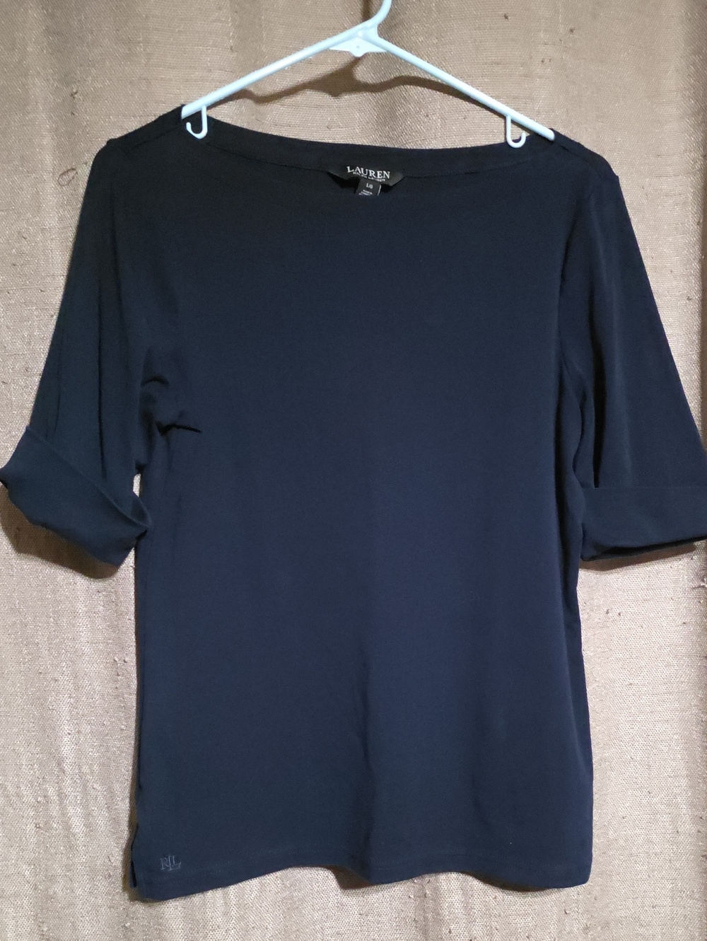 Lauren Ralph Lauren SZ LG Navy Elbow-Length Sleeve Boatneck Top